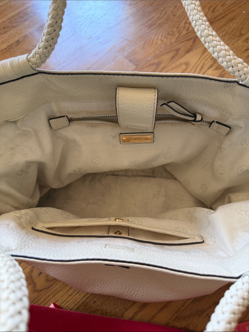 Tory Burch Ivory Pebbled Leather Braided-Handle Tote - Picture 9 of 10